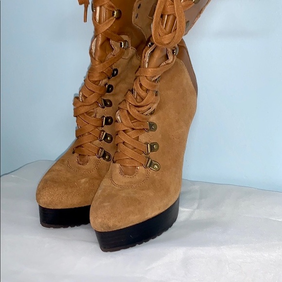 :Sold: Bebe Yvette III Suede Lace up Boots Tan - Picture 15 of 16